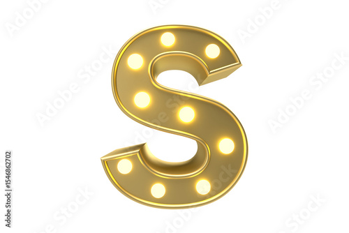 Illuminated golden letter s with light bulbs against a dark black background