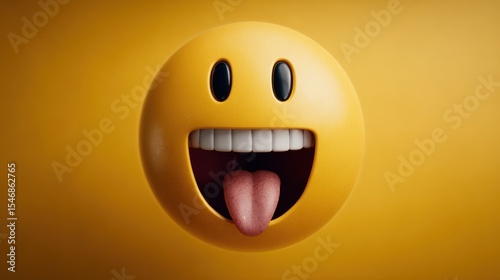 A playful yellow emoji face with large teeth and tongue sticks out against a minimalist yellow background, conveying cheerfulness and fun.