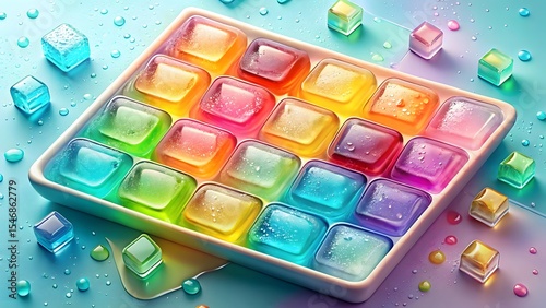 Colorful ice cubes in tray, vibrant rainbow hues, wet surface, refreshing summer mood