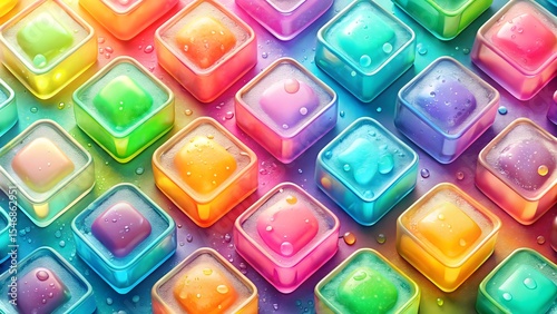 Colorful translucent ice cubes arranged in a vibrant pattern on a textured surface