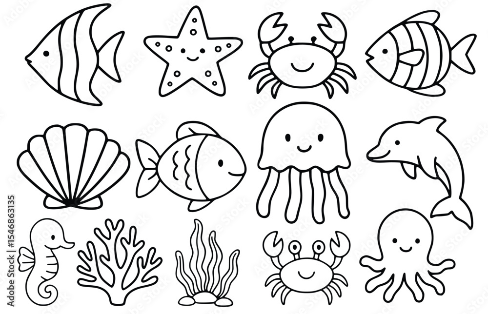 Hand-Drawn Ocean Animals and Sea Life Doodle Set, Cute Underwater Creatures and Marine Elements Collection, Summer Sea Life Outline Illustrations for Kids and Crafts, Cartoon Ocean Inhabitants Drawing