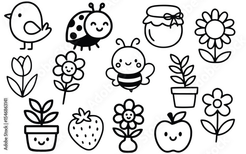 Hand-Drawn Cute Animals and Nature Doodle Set, Adorable Springtime Creatures and Plant Line Art Collection, Outline Woodland and Garden Icons for Kids' Design, Cartoon Kawaii Animals and Flowers 