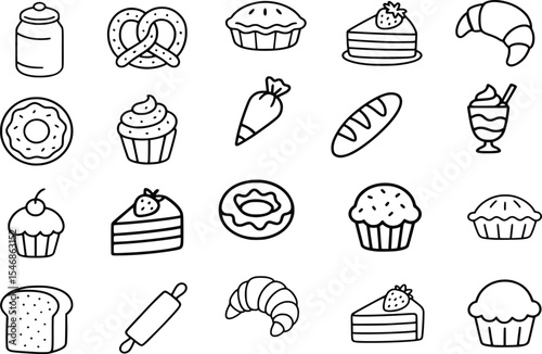 Hand-Drawn Bakery and Dessert Doodle Set, Cute Pastry and Sweet Treat Line Art Collection, Outline Bakery Icons for Cafe and Food Design, Simple Line Art Cakes, Donuts, and Breads Set