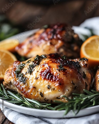 Juicy roasted chicken with fresh herbs, lemon slices, and a golden crispy skin on a white plate