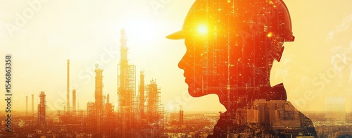 Artistic silhouette of construction worker with hard hat and golden double exposure of oil refinery plant representing heavy industry and engineering profession concept in bright light