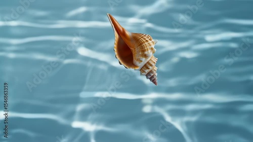 Seashell floating underwater in clear blue ocean with sandy background.  
