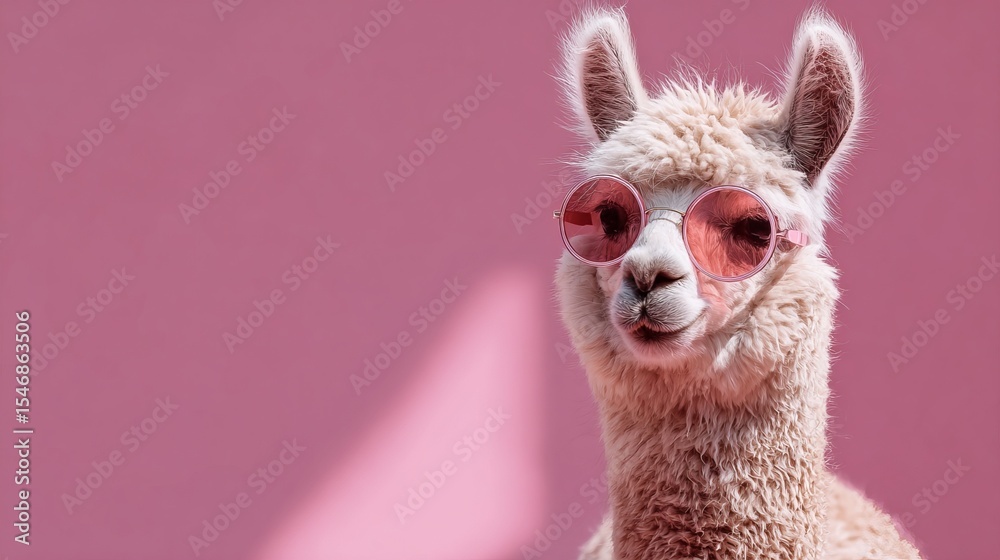 Obraz premium Cool llama with sunglasses on pink background funny animal portrait alpaca cute pet fashion style trend 2024