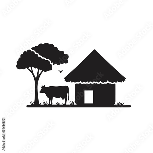 Silhouette of a Rural African Hut, Cow, and Tree