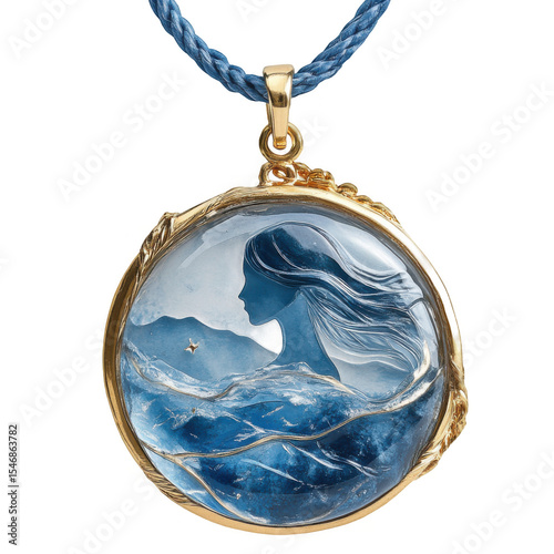 Intricate blue pendant featuring a silhouette of a woman amidst swirling ocean waves, ideal for jewelry display