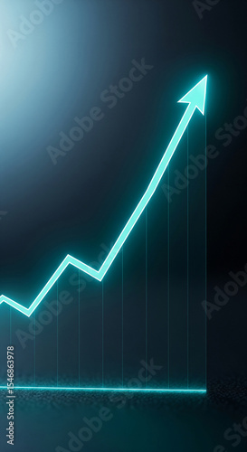 Glowing teal upward arrow graph on dark background, showcasing growth, success, and progress in business or finance