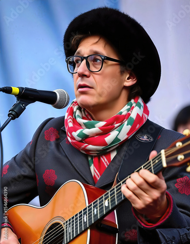 Musician singing with guitar in festive winter attire