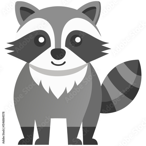 Gray raccoon standing upright with striped tail and friendly grin