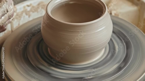 Clay vessel spinning on a pottery wheel during the shaping process in a ceramic workshop.  
