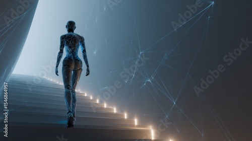 female cyborg with AI goes up futuristic stairs in full growth. AI or artificial intelligence learning concept