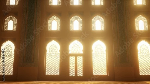 Warm sunlight streaming through ornate lattice windows inside an ancient Eastern temple interior.  
