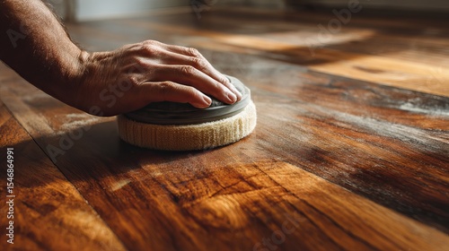 Hand polishing a wooden floor with a rotary tool to restore its shine and protect the surface well