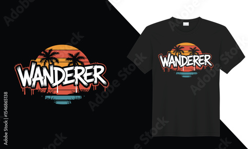 Stylish Wanderer Sunset T-Shirt Design Featuring Palm Trees and Retro Colors for Travel Lovers