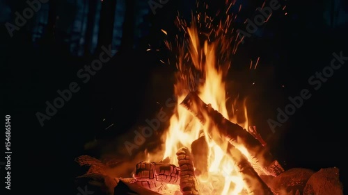 Campfire burning in a dark forest with glowing sparks flying into the night.  
