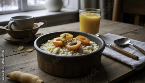 Cozy oatmeal bowl with apricots and a refreshing drink on a table