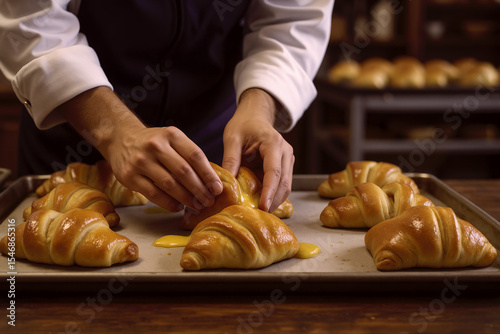 Baker assembling croissants in a rustic kitchen