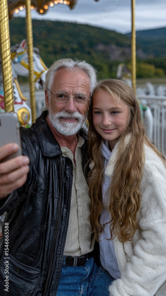 Obraz premium A grandparent and grandchild happily take a selfie together on a carousel merry-go-round, surrounded by vibrant colors and joyful atmosphere. The moment captures their bond and excitement