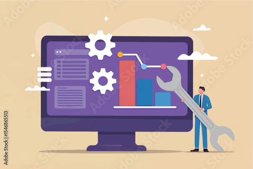 Flat vector illustration of businessman with wrench repairing computer data graph isolated on transparent background
