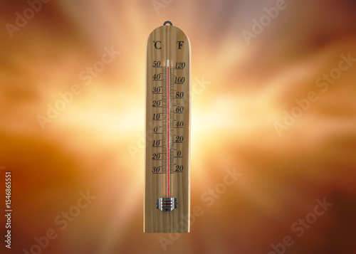 Thermometer shows extreme heat – symbol of heat wave or climate change. Midsummer heat: Outdoor thermometer shows over 40 degrees Celsius