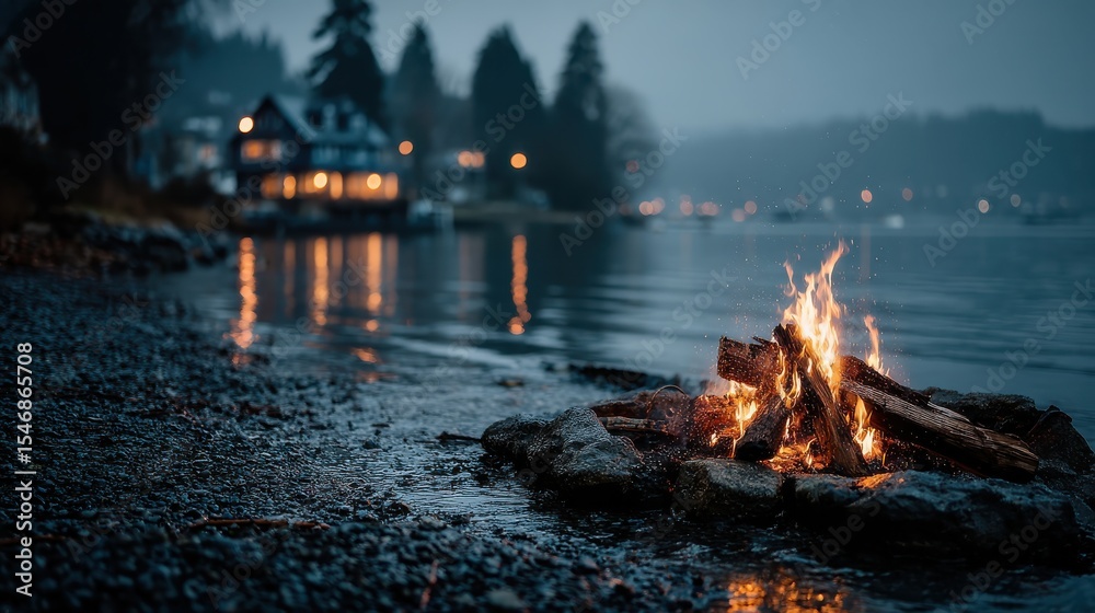 Naklejka premium Crackling Campfire Flames on Lake Shoreline at Dusk with Reflections
