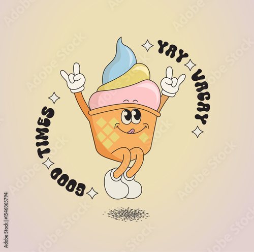 Tasty ice cream character,funny summer food-sundae, gelato. Happy sweet kawaii smiling and jumping delicacy with different tastes for kids. Template for greeting,poster, flyer, web.Vector illustration