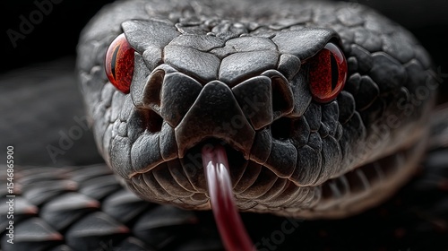 A close up of a gray snake with red eyes and its tongue sticking out with a dark background behind it