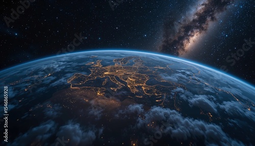 Europe at night shows city lights from space with the milky way in the background