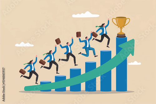 Business people climbing growth chart to achieve success isolated on transparent background