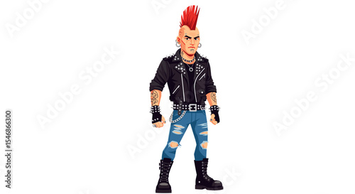 Illustration of a punk rocker with a red mohawk wearing a studded jacket and jeans