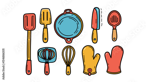 Illustration of kitchen utensils including spatulas pan knife spoon whisks and gloves
