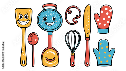Illustration of various kitchen utensils including spatula, whisk and oven mitts