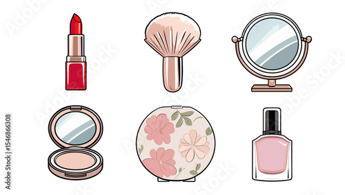 Illustration of lipstick, brush, mirror, compact, floral powder and nail polish