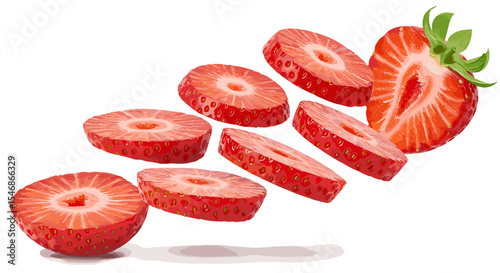 A group of sliced strawberries with one half strawberry on a white background scene