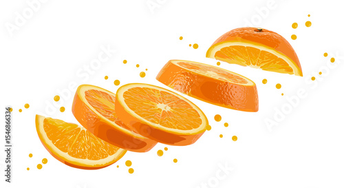 Arrangement of sliced oranges with juice droplets on a plain white background view