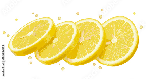 A close up of four slices of lemon arranged with small droplets around them in view