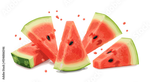 Illustration of five watermelon slices with seeds scattered around on white background