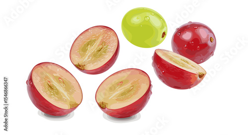 Arrangement of halved red grapes and a single green grape on a white background