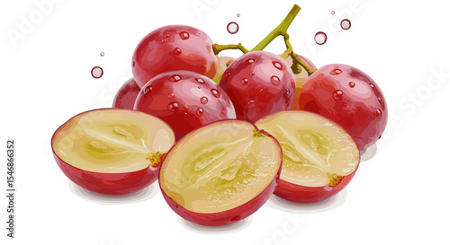 A cluster of red grapes with water droplets and two grapes cut in half showing pulp