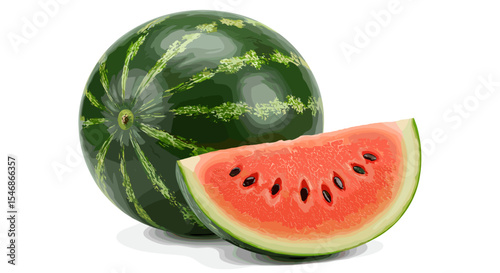 A whole watermelon with green stripes and a slice of watermelon with black seeds near