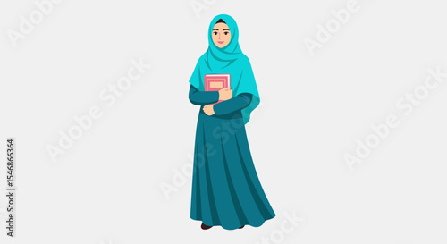 A muslim woman in a teal dress and hijab holding a book standing in a full shot view