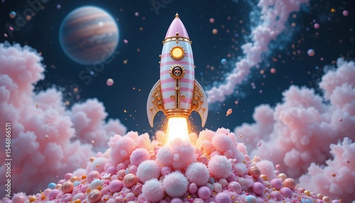 A pink rocket launching into space surrounded by candy clouds and a planet