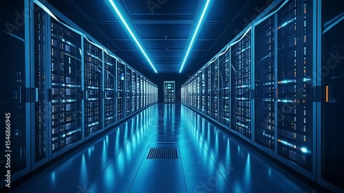 Server room hallway with glowing blue lights