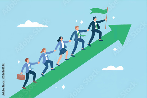Teamwork growth and success businesspeople climbing an upward arrow isolated on transparent background