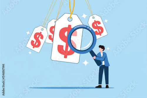 Man inspecting price tags with magnifying glass flat vector illustration isolated on transparent background