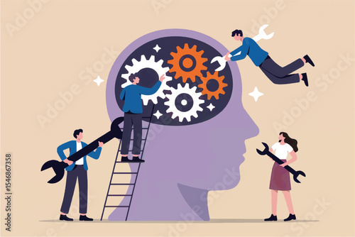 Flat vector illustration of people repairing gears inside a head isolated on transparent background