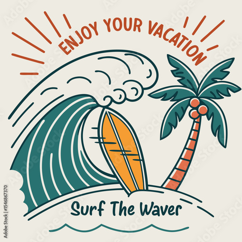 Vintage Style Tropical Beach Scene Teal Orange Surfboard Palm Tree Wave Enjoy Your Vacation Surf The Waver